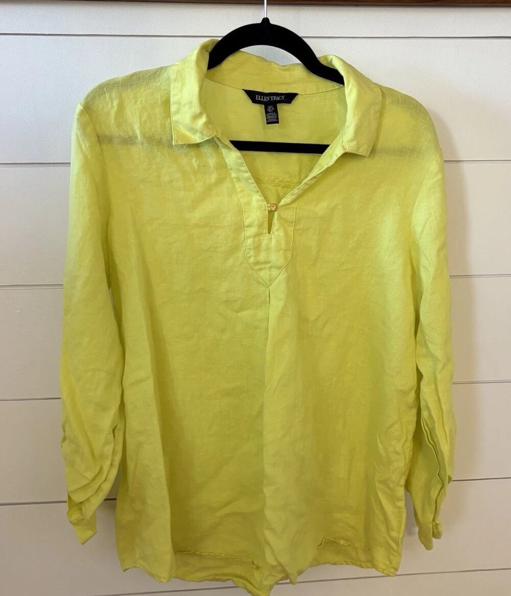 Ellen Tracy Women's Linen Top Vibrant Yellow Gold Accent Size Large Beach Travel